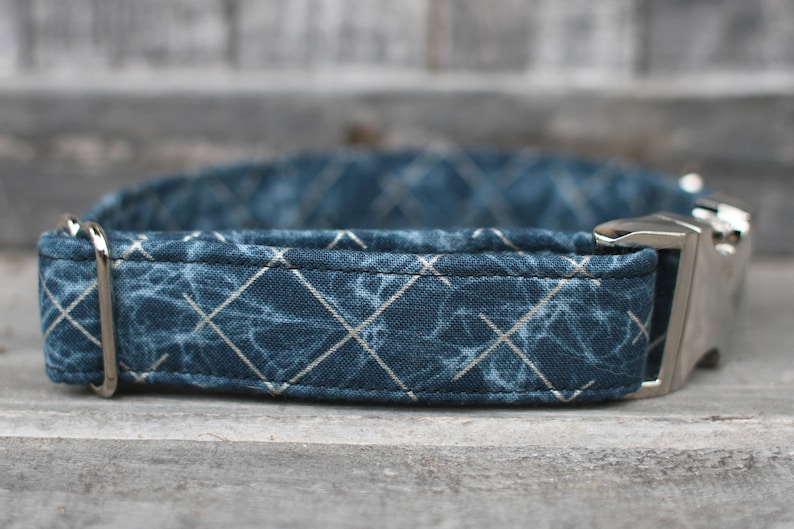 Peut inclure: Un collier de chien bleu avec un motif g&eacute;om&eacute;trique blanc et une boucle argent&eacute;e.