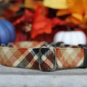 May include: A plaid dog collar with a silver buckle. The collar is brown, beige, and black with a plaid pattern.