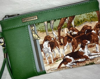 Foxhunting Foxhounds theme wristlet purse with vertical front zip pocket, green faux leather antique Bronze hardware