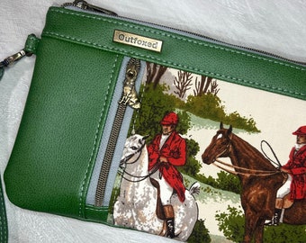 Foxhunting theme wristlet purse with vertical front zip pocket, green faux leather antique Bronze hardware