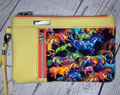 Wristlet purse with vertical front zip pocket, yellow faux leather rainbow horses