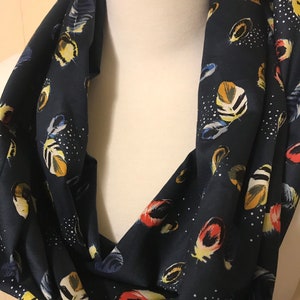 Infinity Scarf, Navy Blue with Feathers, Modern Boho, Designer Voile lovely soft elegant fabric