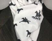 Four Fold Stock Tie, Foxhunting Traditional Stock Tie, Black and white with horses, riders, hounds, foxes and horns