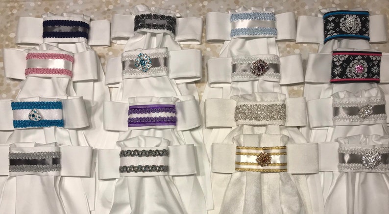 Horse Show Tie Dressage Stock Tie Pre-tied Eventing Stock Tie Handmade Dark silver satin and silver metallic braid on White Stock Tie