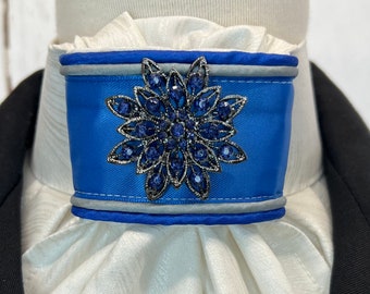 Royal Blue Satin Ribbon and Trim, Pearl wave Metallic Cotton Stock Tie, Pin Included, Dressage Stock Tie, Eventing Stock Tie