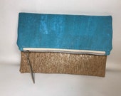 Aqua Blue Cork and natural grain cork foldover clutch, ecofriendly and vegan purse handbag, waterproof canvas lining