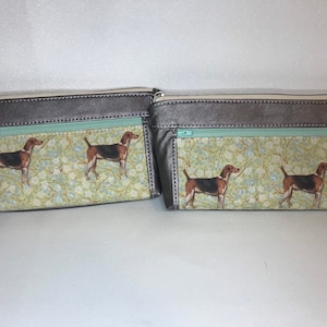 Zipper pouch with front zip pocket, foxhunt hounds, metallic rose grey soft faux leather,  Double zipper clutch