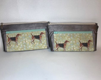 Zipper pouch with front zip pocket, foxhunt hounds, metallic rose grey soft faux leather,  Double zipper clutch