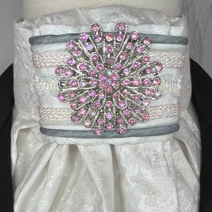Aurora Borelais Pink and Grey trim on Frosted Metallic White Print Cotton, Pin Included, Dressage Stock Tie
