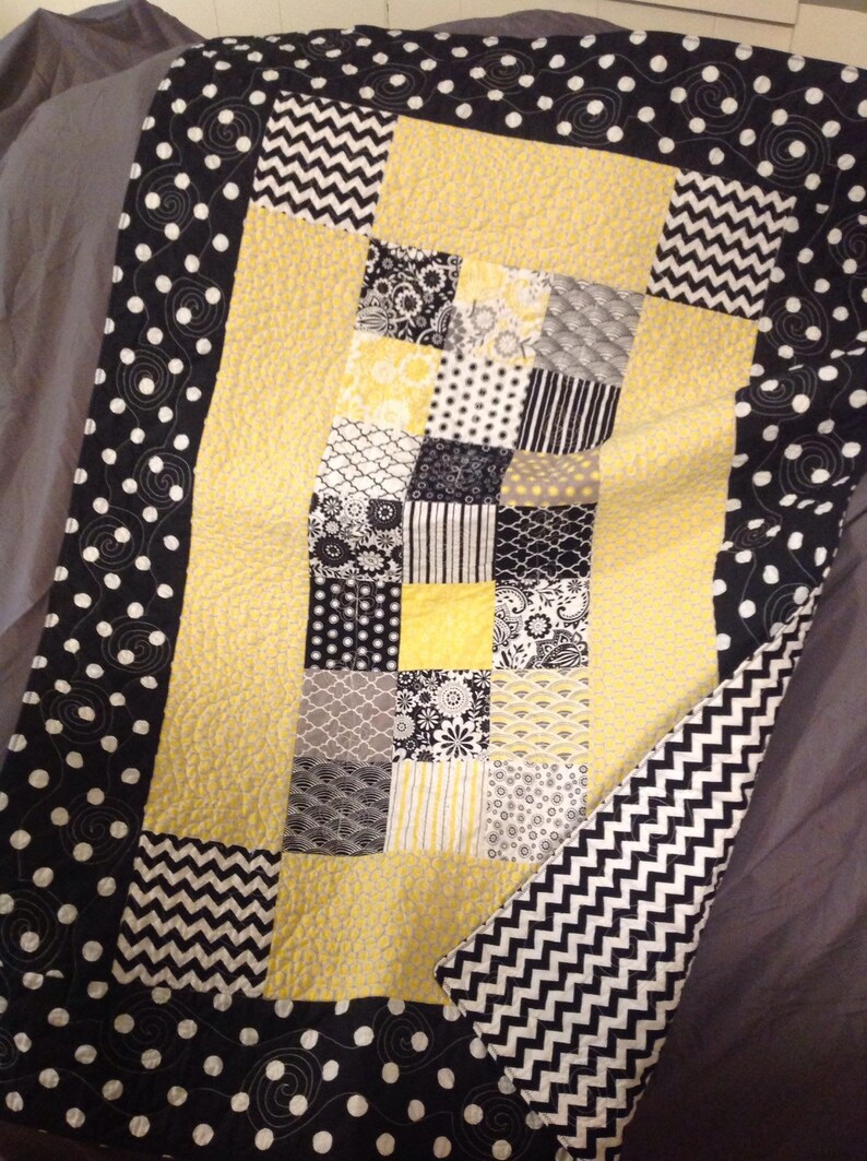 modern baby quilt baby girl quilt yellow grey black white