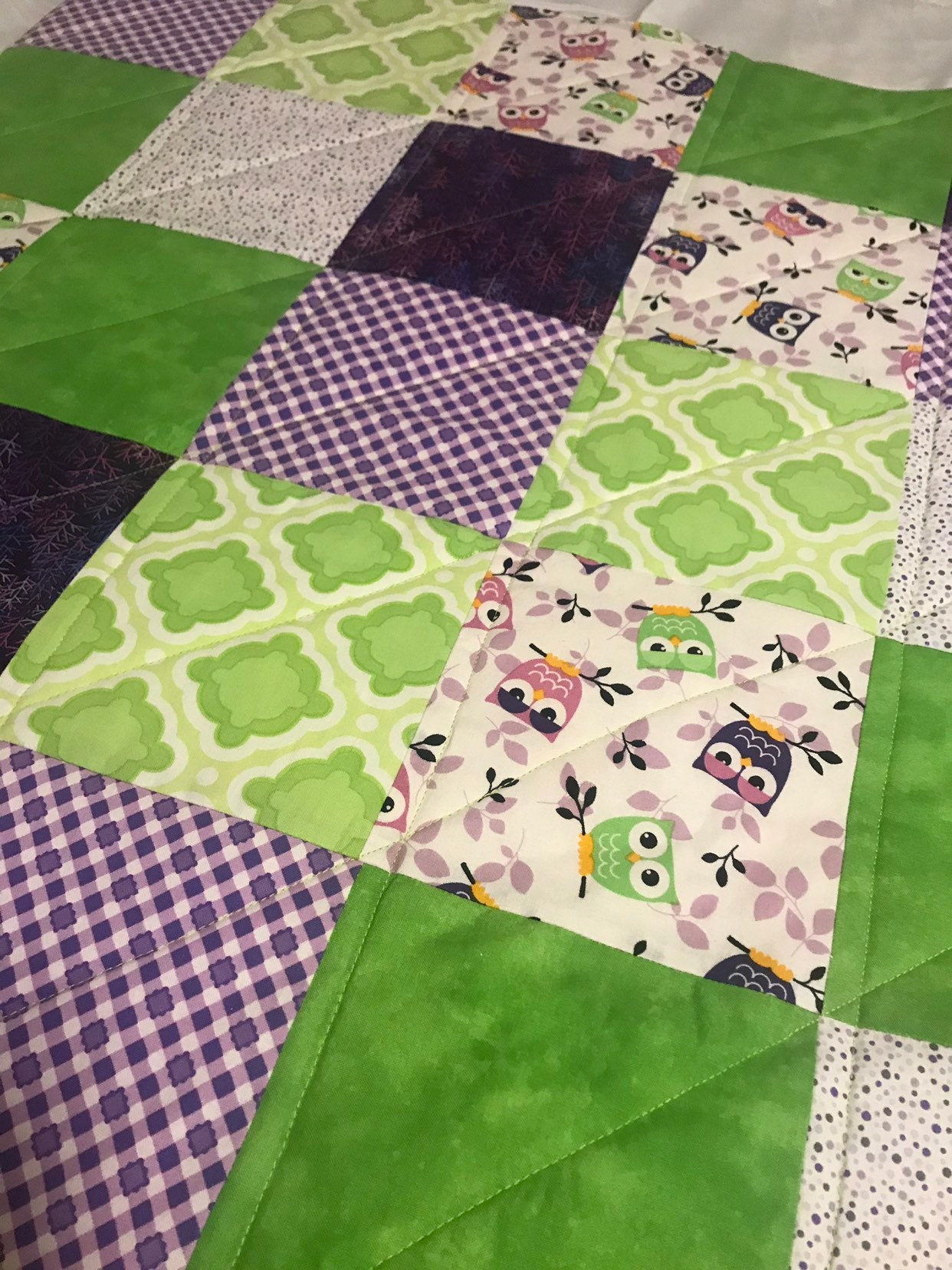 Modern Baby Quilt, Purple and Green Owls Quilt with Green Thread, Gender Neutral Quilt, Crib Quilt,