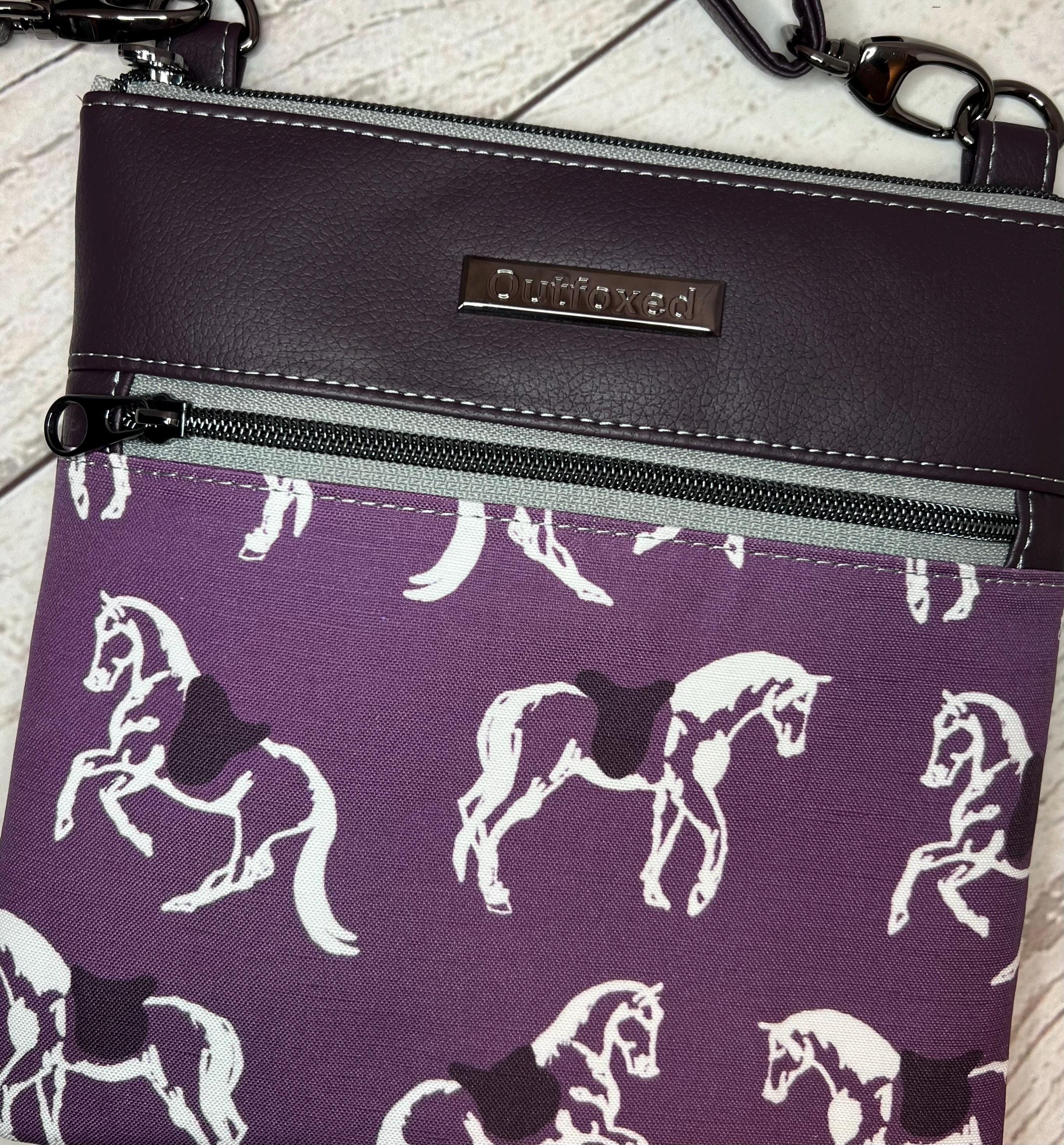 Crossbody bag purple equestrian dressage theme, gunmetal hardware, waterproof canvas lining, faux leather purse