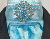 AB crystal bling and bead trim with Light Blue Metallic Frost Cotton, Dressage Stock Tie, Eventing Stock Tie, Horse Show