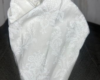 White Four Fold Stock Tie, Formal White Stock Tie, Traditional Foxhunting Stock Tie, Damask White tone on tone