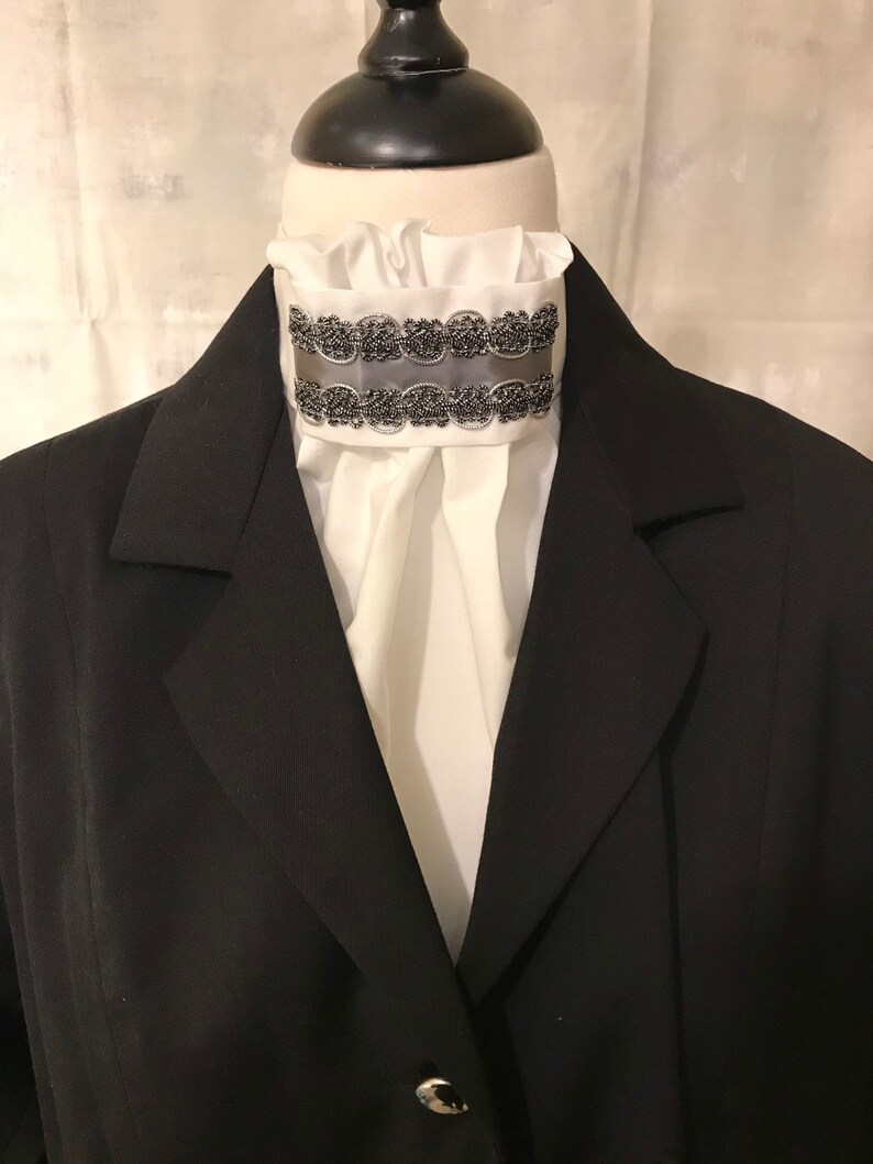 Horse Show Tie Dressage Stock Tie Pre-tied Eventing Stock Tie Handmade Dark silver satin and silver metallic braid on White Stock Tie