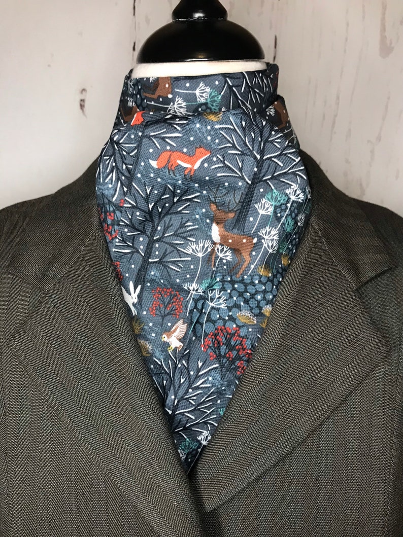 Four Fold Stock Tie Foxhunting Traditional Stock Tie Horse Show Unique and Fun!! BLUE winter woodland scene