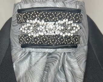 Silver Grey w beaded trim on grey pearl metallic cotton, Dressage Stock Tie, Eventing Stock Tie, Horse Show