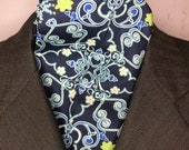 80 inch Four Fold Stock Tie, Foxhunting Traditional Stock Tie, Horse Show Stock Tie, Blue White and green floral scroll damask