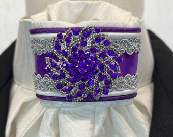 Purple Satin Ribbon and Trim, Pearl wave Metallic Cotton Stock Tie, Pin Included, Dressage Stock Tie, Eventing Stock Tie