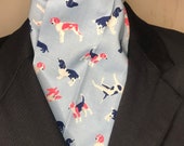 Four Fold Stock Tie, Foxhunting Traditional Stock Tie, Horse Show Stock Tie, 71 inch hounds and good doggos on blue