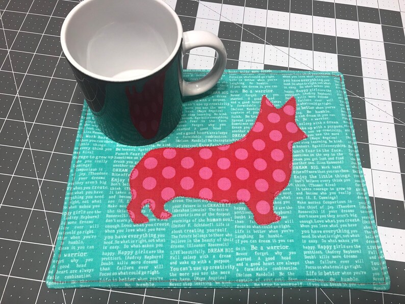 Mug Rug with Corgis, Large Coaster for mugs and snacks, low carbon footprint, green living for corgi fluffy wiggle butt dog lovers image 5