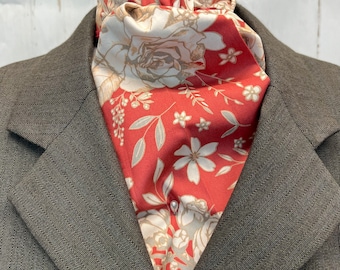Four Fold Stock Tie, Foxhunting Traditional Stock Tie, Horse Show Stock Tie, Modern Roses Floral deep coral, Art Gallery fabric