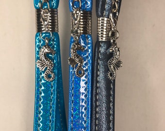 Silver Keychain with faux leather or vinyl wristlet and silver seahorse charm