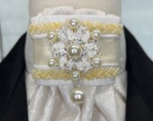 Cream satin ribbon and piping with beaded trim on Frosted Metallic White Print Cotton, Pin Included, Dressage Stock Tie