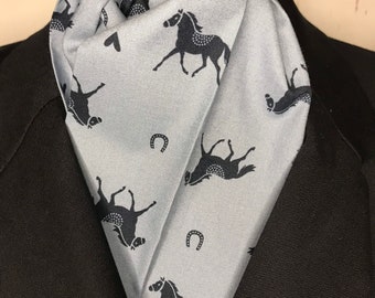 Four Fold Stock Tie, Foxhunting Stock Tie, Traditional Four Fold Stock Tie, Horse Show Stock Tie, Navy Blue Horses on Slate