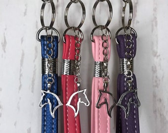 Silver Keychain with faux leather or vinyl wristlet and silver horse head silhouette charm, many color options, pink blue purple