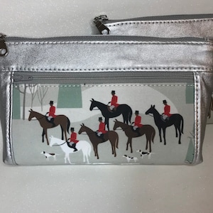 Zipper pouch with front zip pocket, foxhunting equestrian scene with foxhunt hounds, metallic silver faux leather,  Double zipper pouch