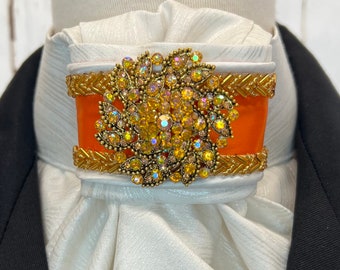 Orange Satin Ribbon and Trim, Pearl wave Metallic Cotton Stock Tie, Pin Included, Dressage Stock Tie, Eventing Stock Tie