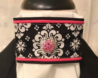 Black and white print with pink piping and bling pin on White Stock Tie, Dressage Stock Tie, Eventing Stock Tie, Horse Show Tie, Handmade