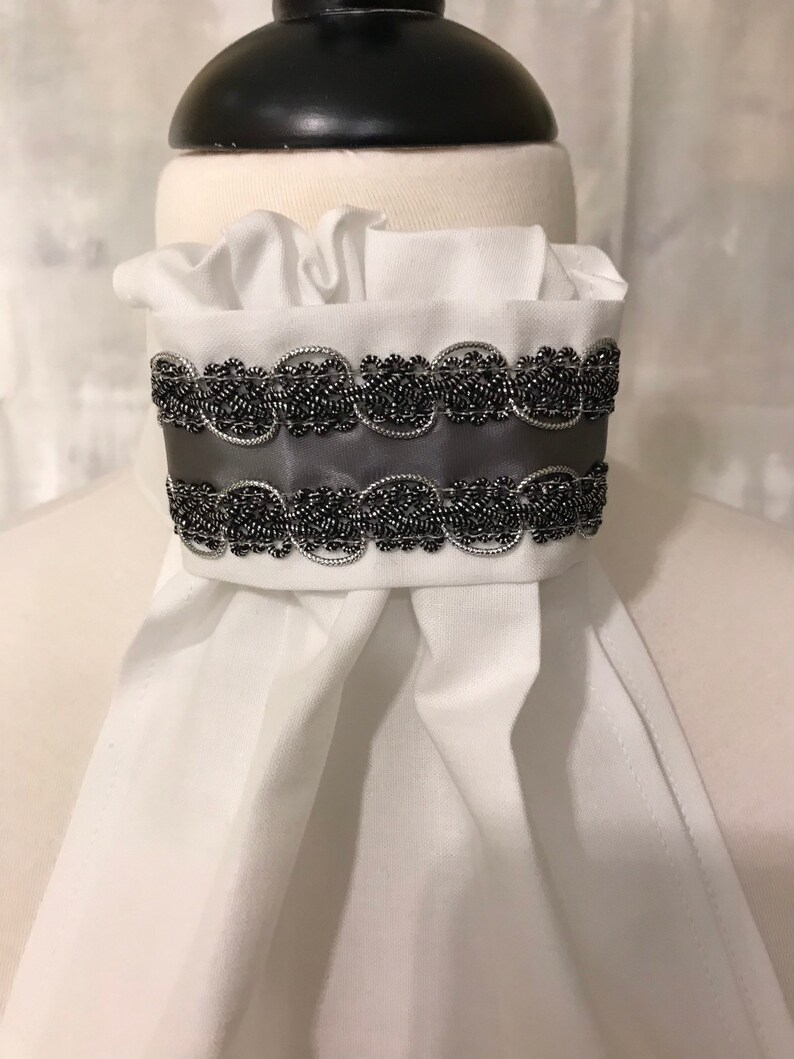 Horse Show Tie Dressage Stock Tie Pre-tied Eventing Stock Tie Handmade Dark silver satin and silver metallic braid on White Stock Tie