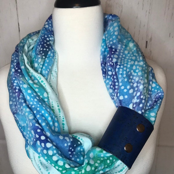 Infinity Scarf Batik Prints with Cork Fabric Cuff - Aqua, Blues, Purples, Varied Colors