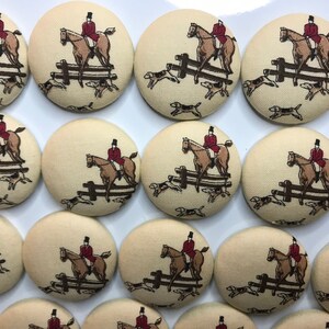 Fabric covered button magnets - vintage foxhunt scene fabric 1 1/2 inch diameter