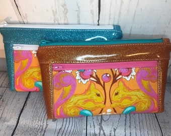 SQUIRREL!!! wristlet or clutch bag with blue or orange glitter vinyl. Zipper pouch with front zip pocket, double zipper clutch