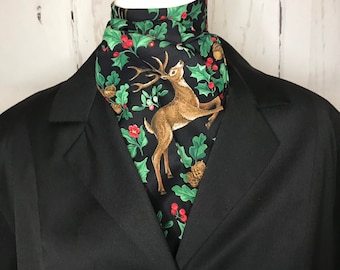 Four Fold Stock Tie, Foxhunting Traditional Stock Tie, Vintage Cotton Print with Deer, foxes, rabbits, squirrel, partridge, red flowers