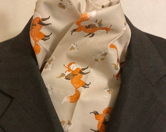 79 inch Four Fold Stock Tie, Foxhunting Traditional Stock Tie, Gnomes Riding Foxes, Fantastic Print- Quirky and Awesome