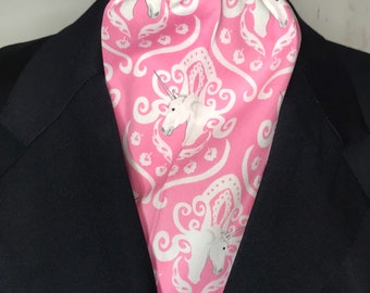 70 inch Four Fold Stock Tie, Foxhunting Traditional Stock Tie, Horse Show Stock Tie, Unicorn Crest on Pink