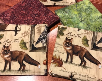Set of Four Fox Coasters, cotton quilt coasters, low carbon footprint, green living