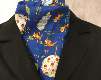 Four Fold Stock Tie, Foxhunting Traditional Stock Tie, Horse Show Stock Tie Unique and Fun!! Cute Red Foxes Apple Tree Forest on Royal Blue