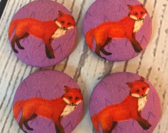 SET OF FOUR Fabric covered button magnets - red foxes on violet purple magnets 1 7/8 inch diameter