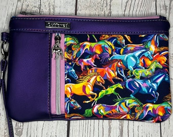 Wristlet purse with vertical front zip pocket, metallic purple faux leather rainbow horses