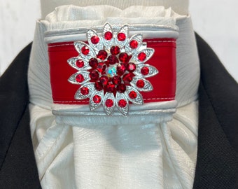 Red Satin Ribbon and Trim, Pearl wave Metallic Cotton Stock Tie, Pin Included, Dressage Stock Tie, Eventing Stock Tie