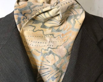 Four Fold Stock Tie, Foxhunting Traditional Stock Tie, Horse Show Stock Tie, Neutral Cream and grey elegant batik