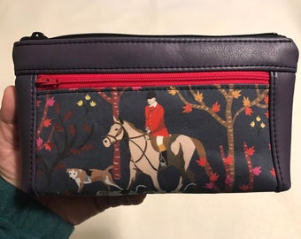 Zipper pouch with front zip pocket, foxhunt scene with hounds, PURPLE soft faux leather,  Double zipper clutch