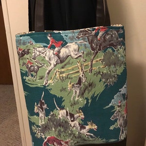 Large Tote bag with Vintage Foxhunt Barkcloth, BLACK Vegan (faux) Leather, designer handmade tote - choice of rivet metal finish