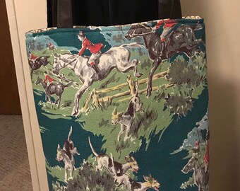 Large Tote bag with Vintage Foxhunt Barkcloth, BLACK Vegan (faux) Leather, designer handmade tote - choice of rivet metal finish