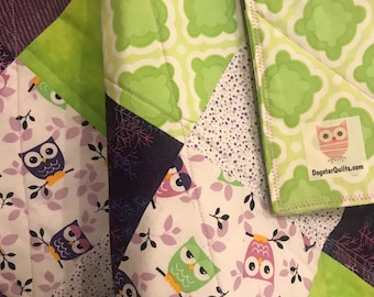 Modern Baby Quilt, Purple and Green Owls Quilt with Lavendar Thread, Gender Neutral Quilt, Crib Quilt, Homemade Quilt, Nursery Handmade